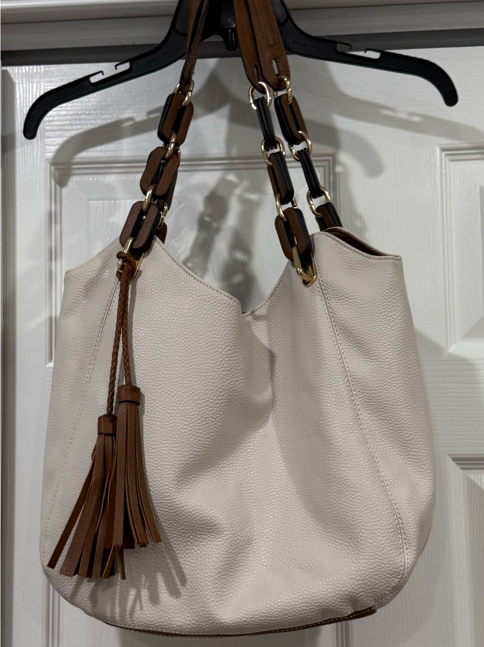 Neutral Cream Handbag with Brown Accent Straps
